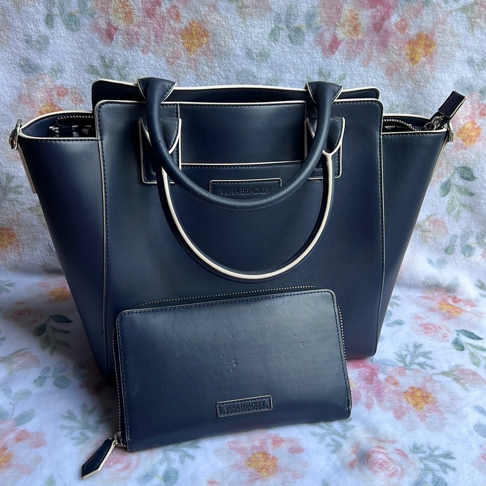 Vera Bradley Vegan Leather Navy Blue Tote with matching wallet